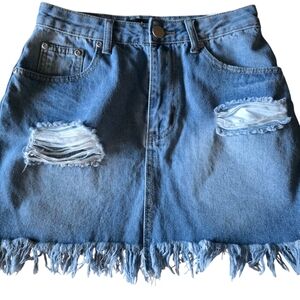 PrettyLittleThing Denim Frayed Hem Skater Skirt